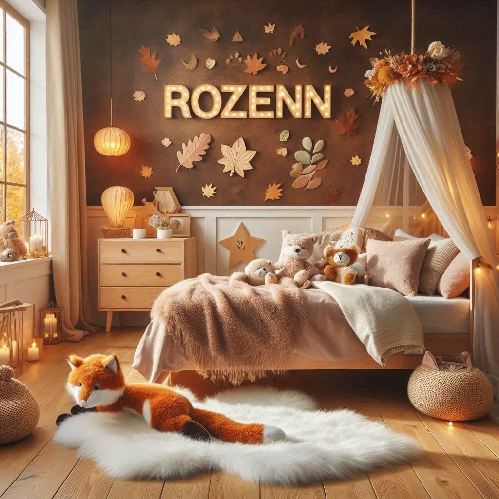 Chambre denfant a theme automnal avec des elements personnalises au nom de rozenn avec un tapis de fourure un ciel de lit une peluche renard sur le lit 1