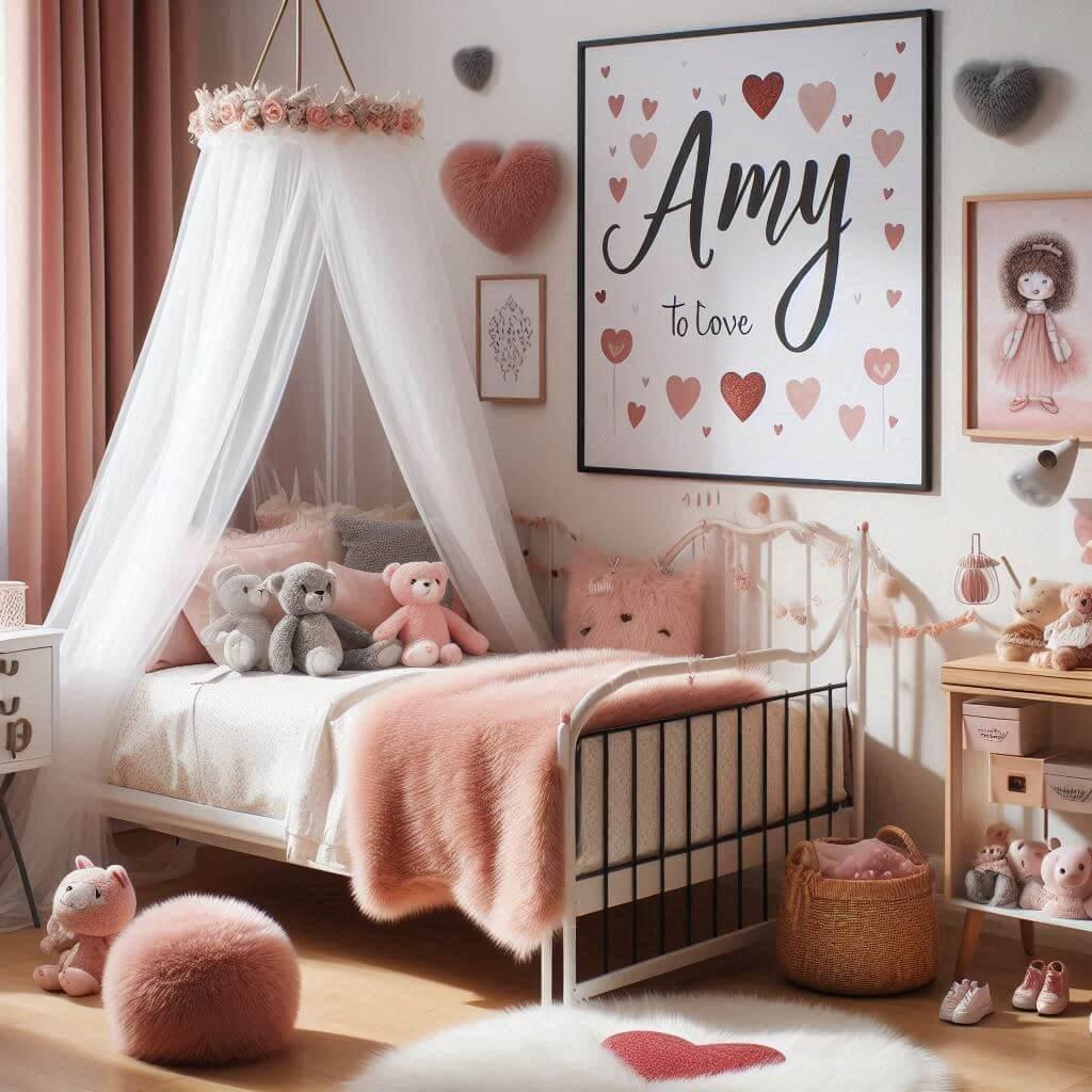 Chambre denfant a theme romantique avec des elements personnalises au nom de amy sur une affiche avec un tapis de fourure un ciel de lit des peluches coeur sur le lit 2