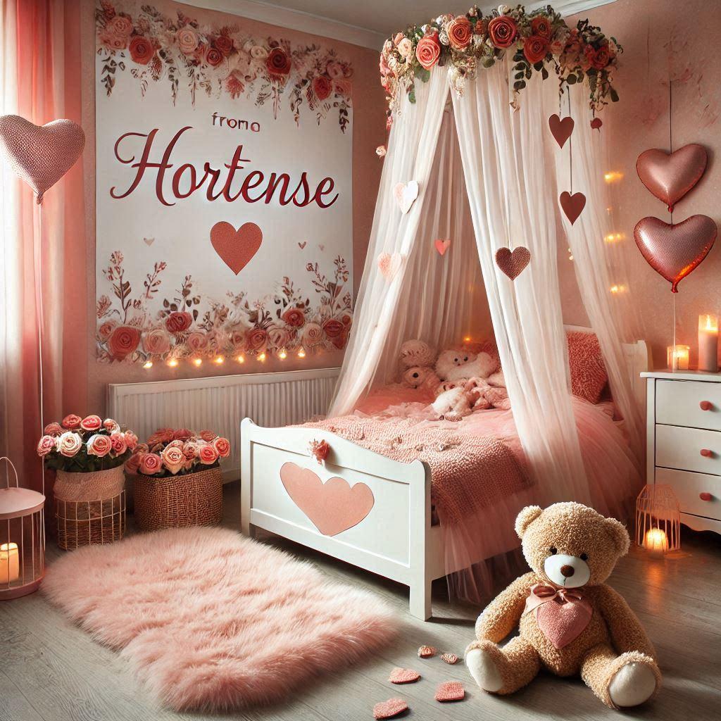 Chambre denfant a theme romantique avec des elements personnalises au nom de hortense sur une affiche avec un tapis de fourure un ciel de lit des peluches coeur et des roses sur le