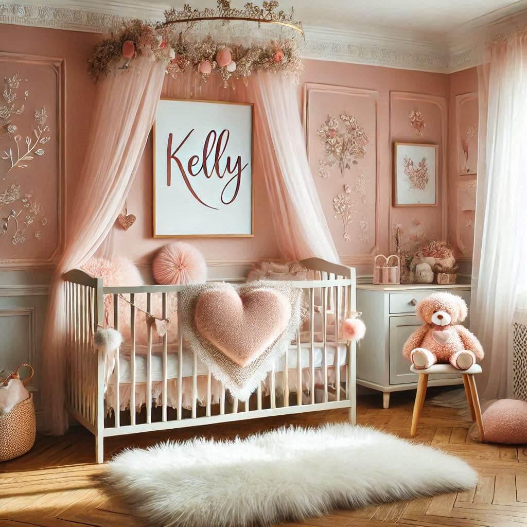 Chambre denfant a theme romantique avec des elements personnalises au nom de kelly sur une affiche avec un tapis de fourure un ciel de lit des peluches coeur sur le lit