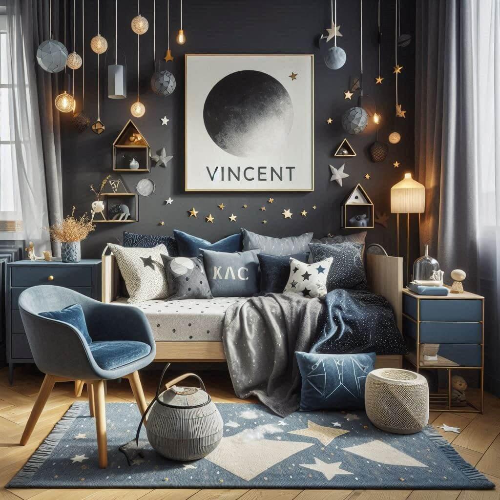 Chambre denfant portant le prenom vincent des teintes de bleu nuit de gris anthracite et de blanc casse associees a des materiaux comme le bois noble et le velours des elements dec