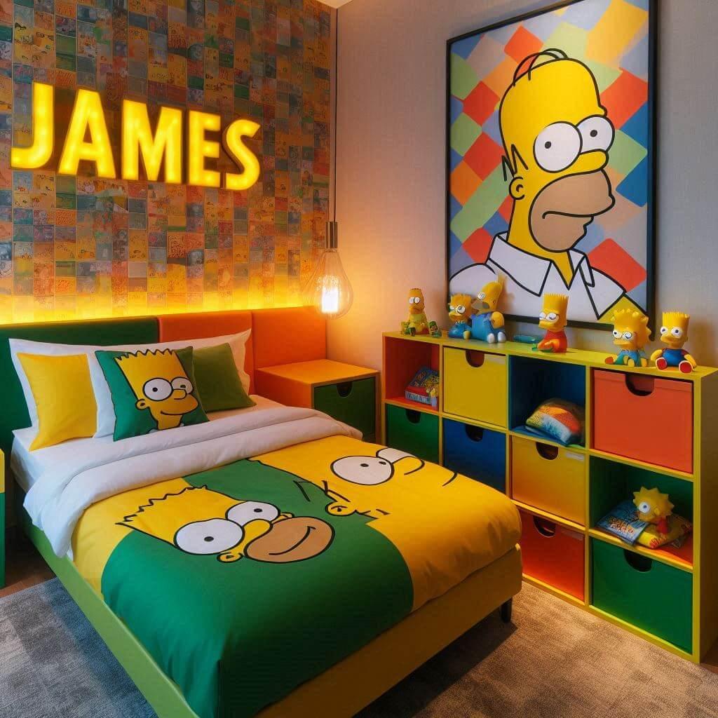 Chambre denfant sur le theme des simpsons avec une decoration inspiree dhomer simpson le prenom james est inscrit sur un coussin la piece comprend un lit simple aux couleurs jaune