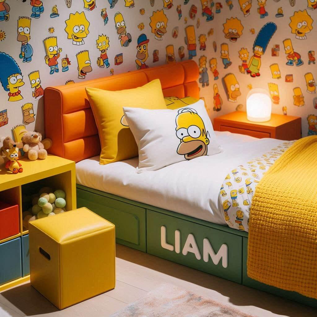 Chambre denfant sur le theme des simpsons avec une decoration inspiree dhomer simpson le prenom liam est inscrit sur un coussin la piece comprend un lit simple aux couleurs jaune o