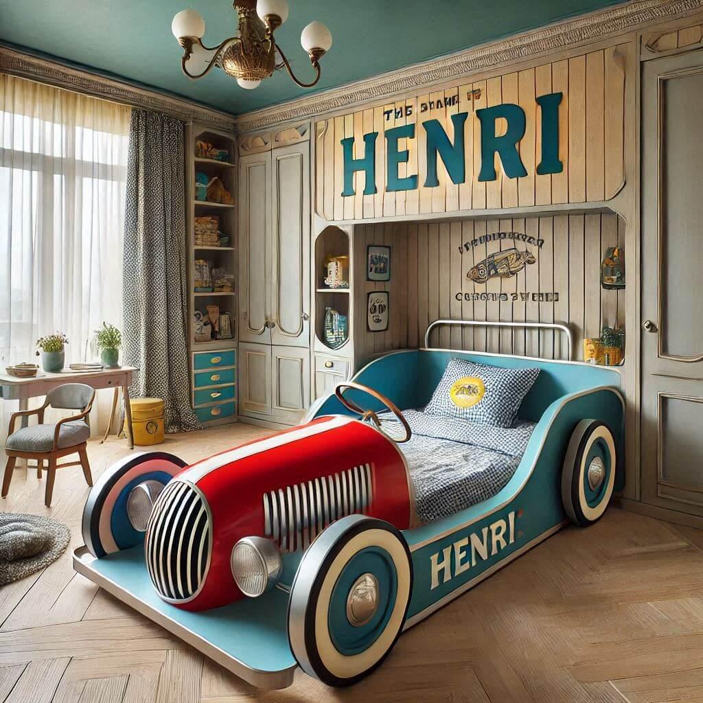 Chambre enfant avec le prenom henri le lit est en forme de voiture style vintage