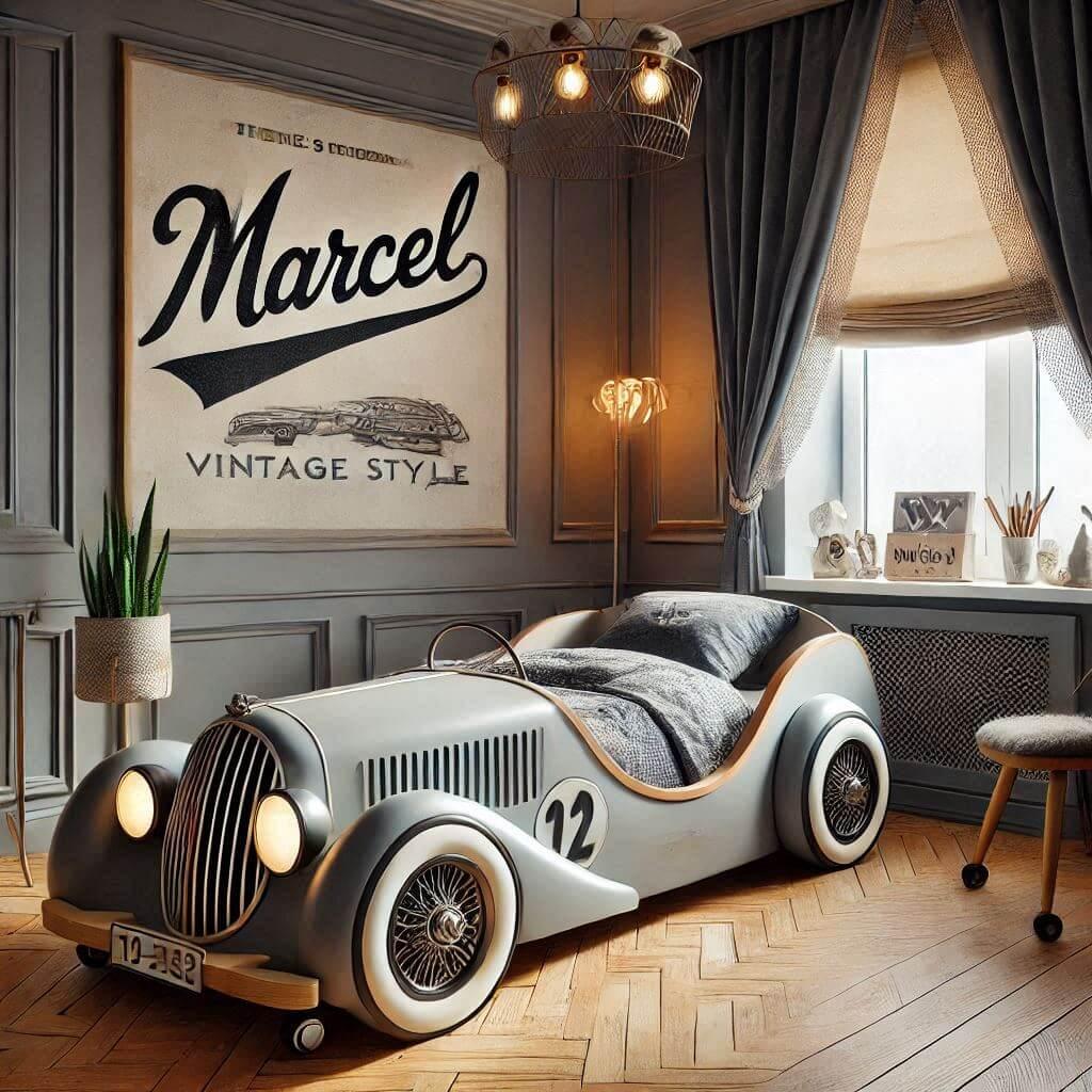 Chambre enfant avec le prenom marcel le lit est en forme de voiture style vintage