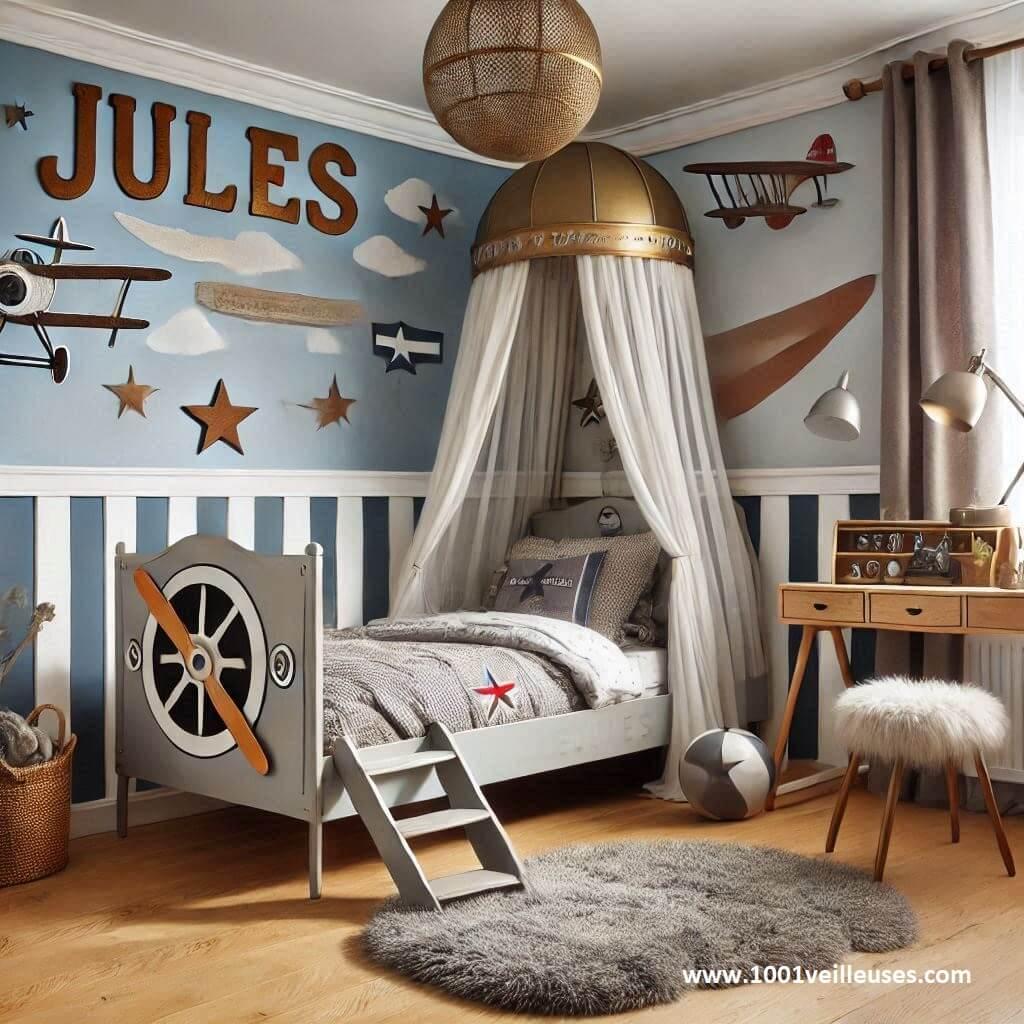 Chambre enfant theme aviateur avec lit cabane prenom jules