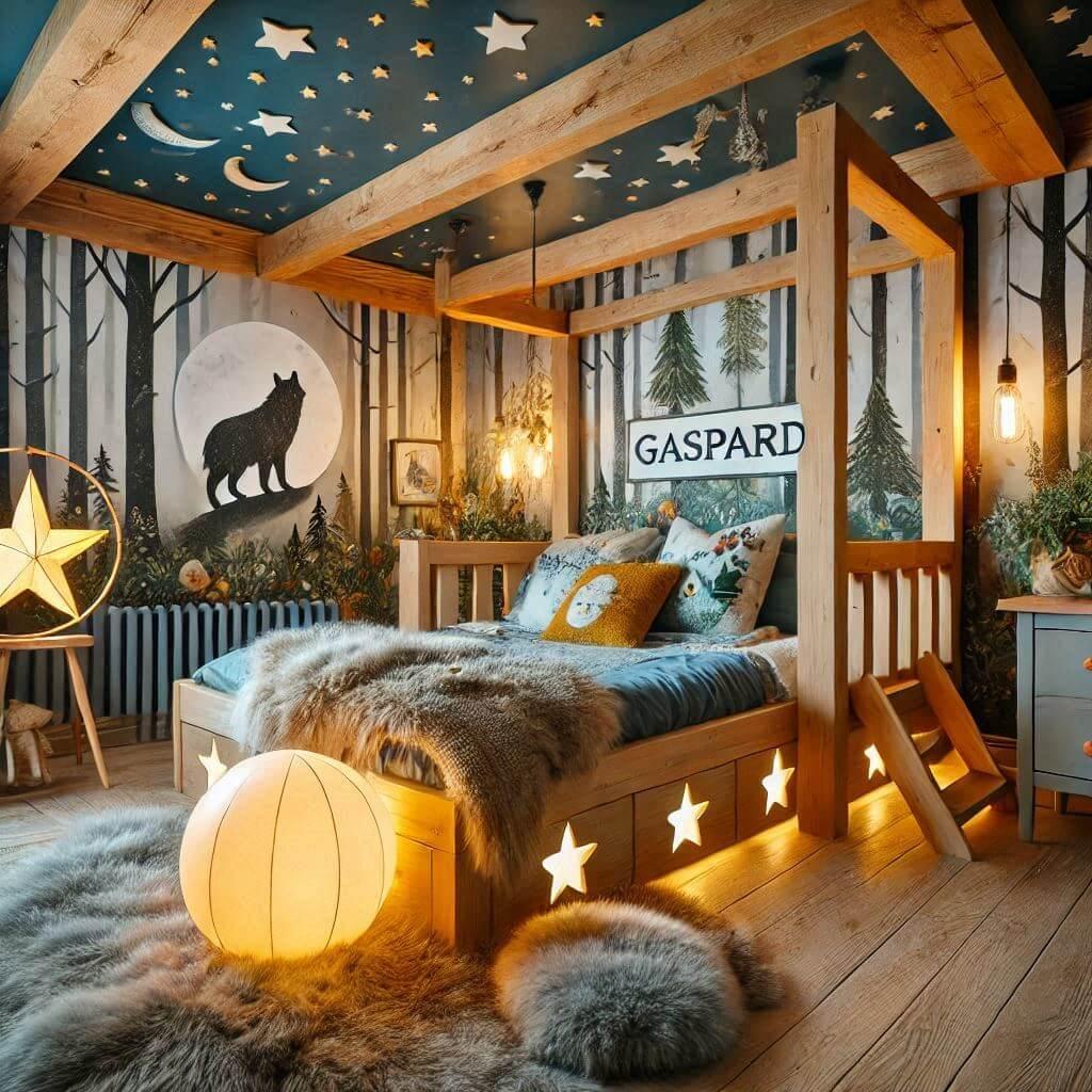 Chambre enfant theme foret avatar avec lit cabane avec le prenom gaspard avec tapis fourure et des coussins etoiles globe lumineux allume