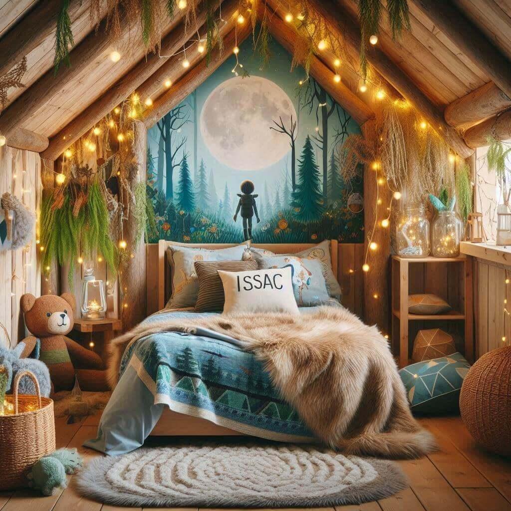 Chambre enfant theme foret avatar avec lit cabane avec le prenom isaac avec tapis fourure et des coussins guirlande lumineuse dans un bocal en verre 1 1