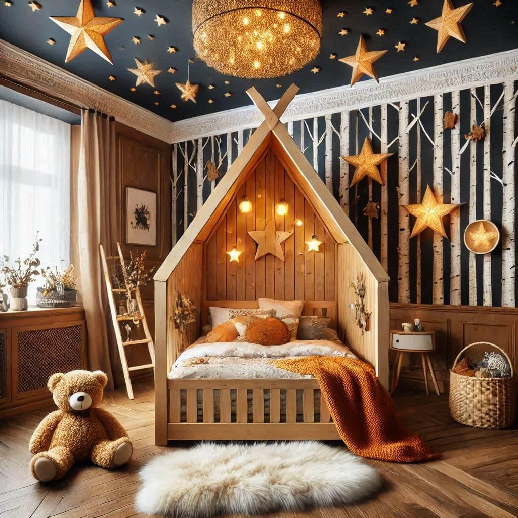 Chambre enfant theme foret avec lit cabane avec le prenom ambre