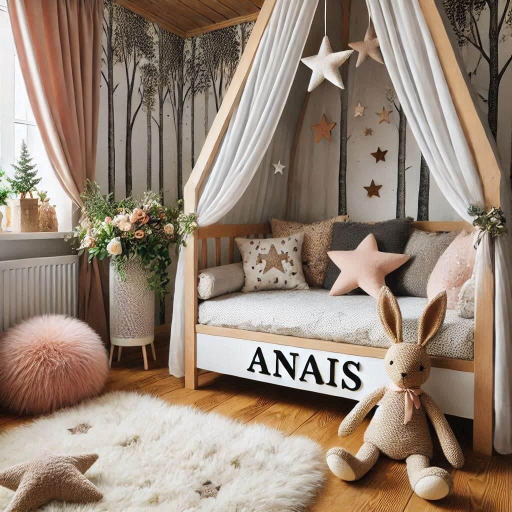 belle chambre de petite fille, ciel de lit, lit cabane, prenom anais