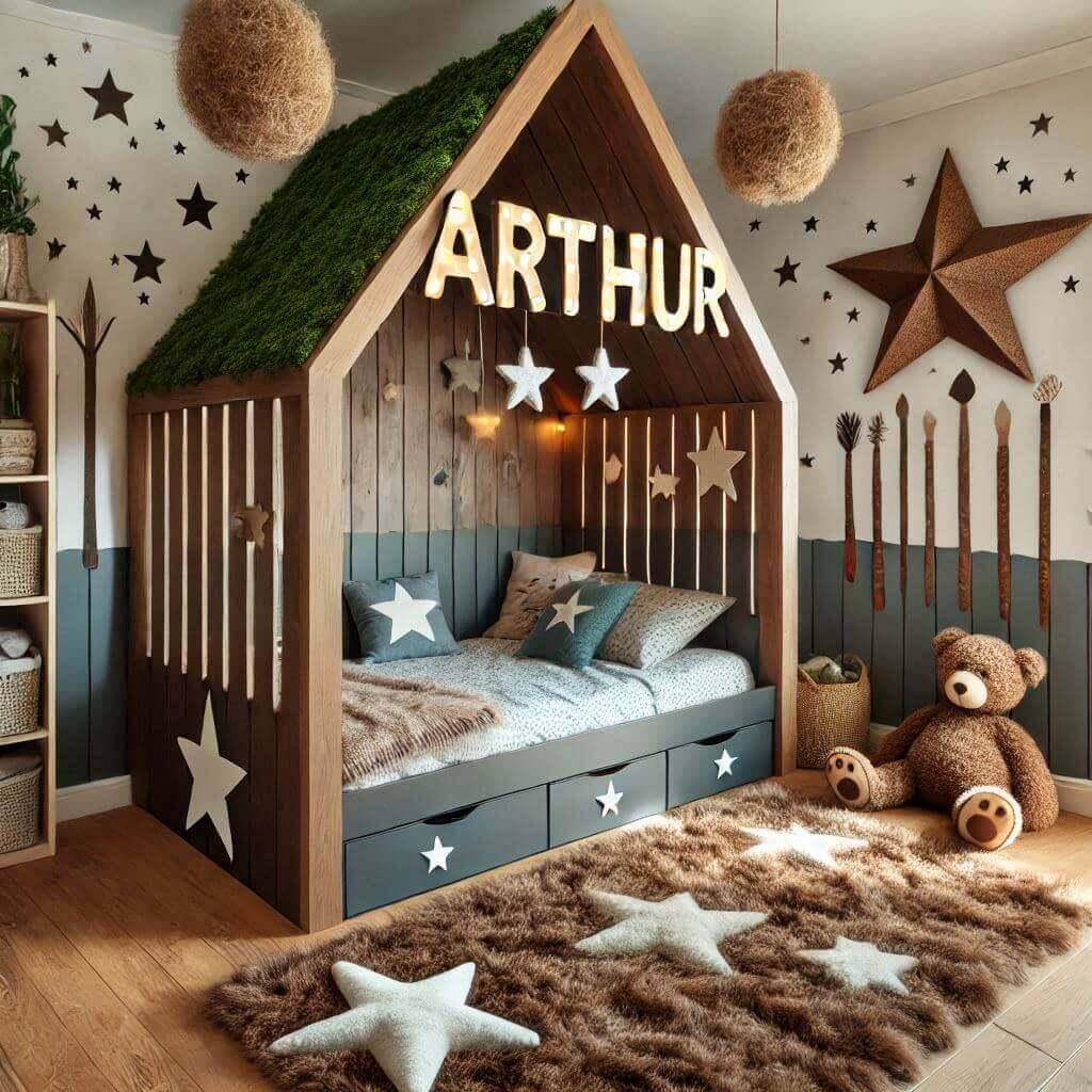 Chambre enfant theme foret avec lit cabane avec le prenom arthur