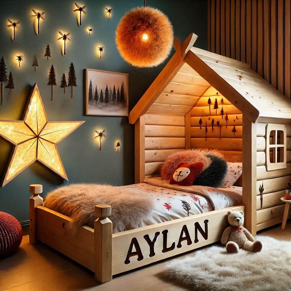 Chambre enfant theme foret avec lit cabane avec le prenom aylan a la francaise avec tapis fourure et des coussins etoiles prenom aylan dans la decoration lampe allume tapis fourure