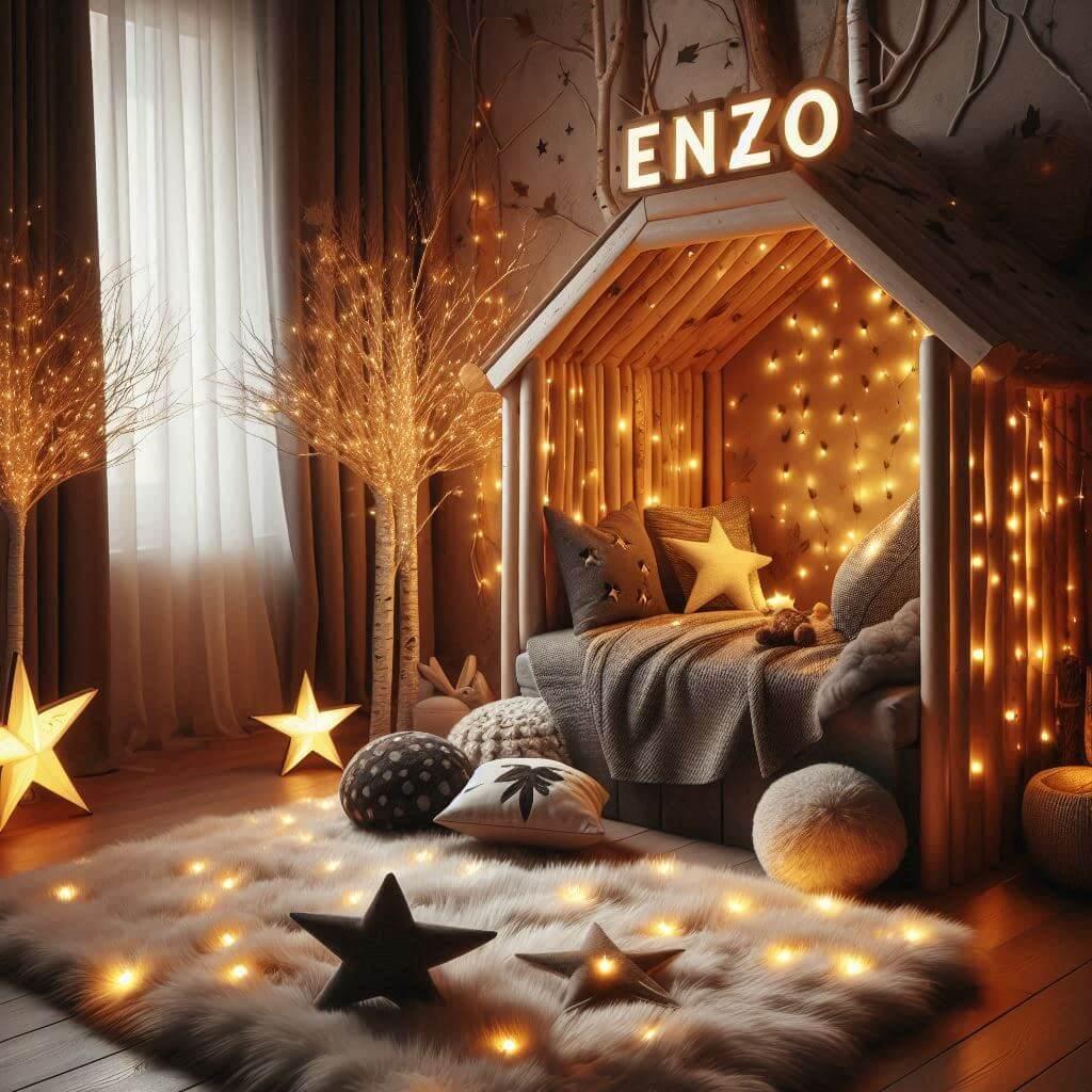 Chambre enfant theme foret avec lit cabane avec le prenom enzo avec tapis fourure et des coussins etoiles prenom enzo dans la decoration lampe allume tapis fourure lucioles 1