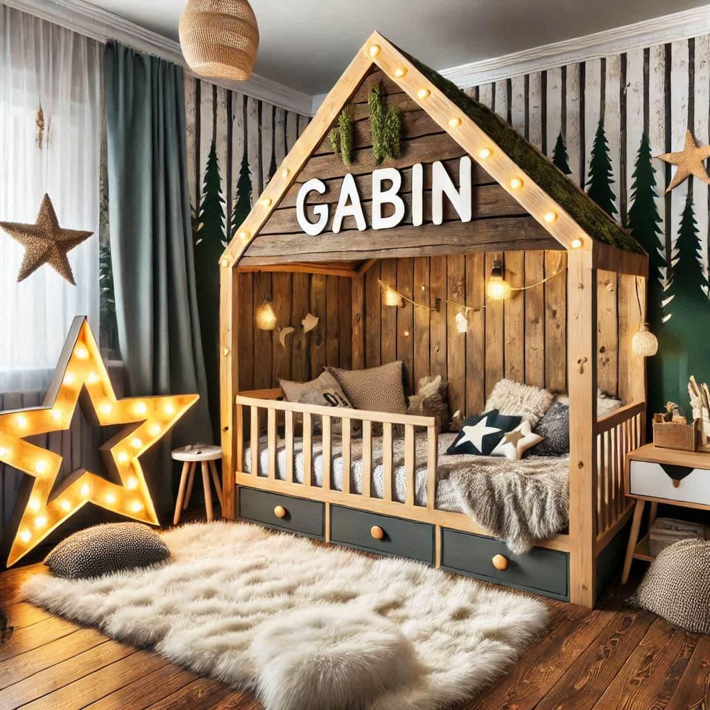 Chambre enfant theme foret avec lit cabane avec le prenom gabin avec tapis fourure et des coussins etoiles