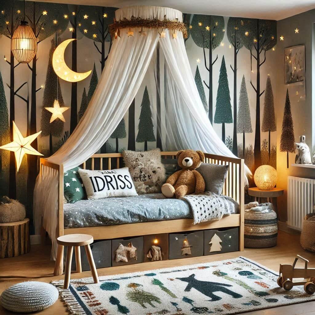 Chambre enfant theme foret avec lit cabane avec le prenom idriss a la francaise avec tapis fourure et des coussins etoiles prenom idriss dans la decoration lampe allume tapis fouru