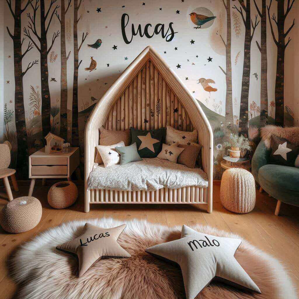 Chambre enfant theme foret avec lit cabane avec le prenom lucas