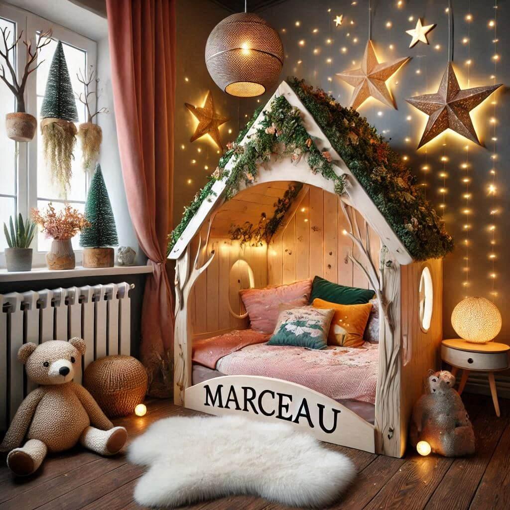 Chambre enfant theme foret avec lit cabane avec le prenom marceau a la francaise avec tapis fourure et des coussins etoiles prenom marceau dans la decoration lampe allume tapis fou