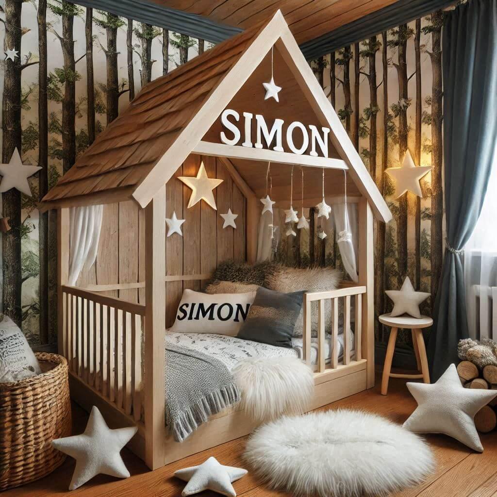 Chambre enfant theme foret avec lit cabane avec le prenom simon