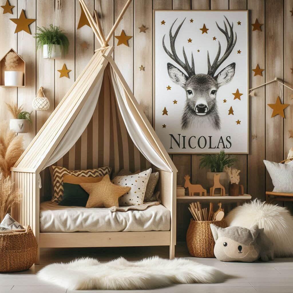 Chambre enfant theme foret avec lit cabane avec tapis fourure et des coussins etoiles le prenom nicolas est ecrit sur une affiche avec un cerf dessine 1 1