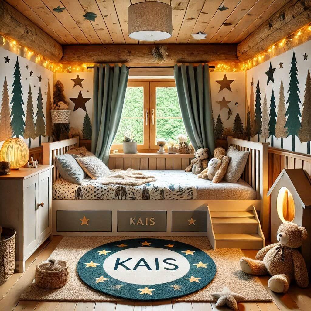 Chambre enfant theme foret avec lit cabane avec tapis fourure et des coussins etoiles prenom kais dans la decoration lampe allume tapis fourure lucioles 2 2