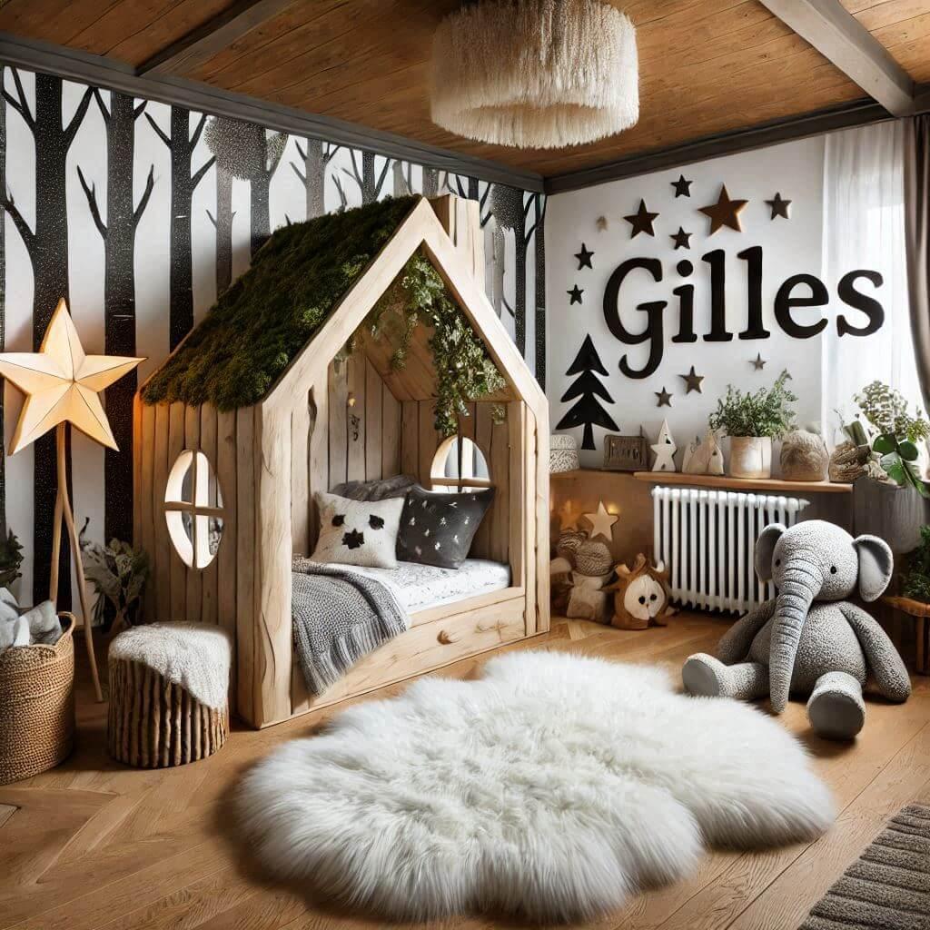 Chambre enfant theme foret avec lit cabane en forme de maison avec le prenom gilles avec tapis fourure