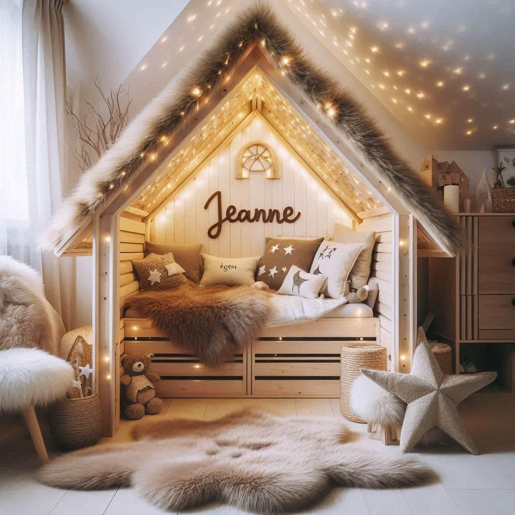 Chambre enfant theme foret avec lit cabane en forme de maison avec tapis fourure et des coussins etoiles prenom jeanne ecrit sur le coussin guirlande lumineuse vue de zoom 1