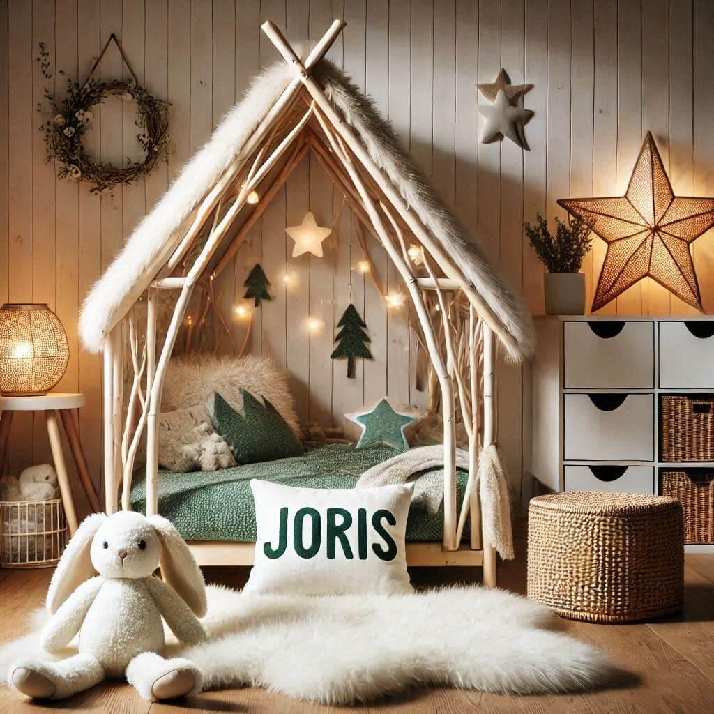 Chambre enfant theme foret avec lit cabane en forme de maison avec tapis fourure et des coussins etoiles prenom joris