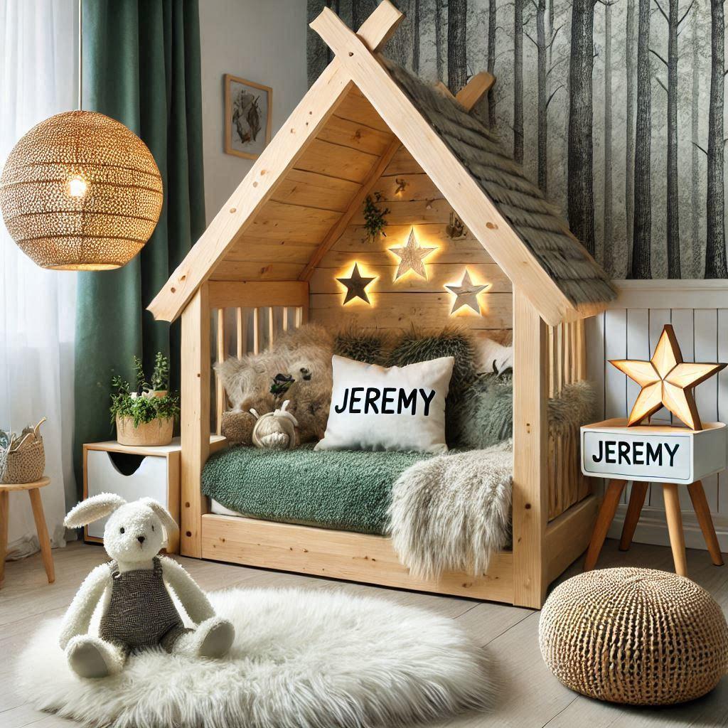 Chambre enfant theme foret avec lit cabane en forme de maison avec tapis fourure et des coussins etoiles tapis fourure peluche lapin blanc lampe en rotin allume meuble cube couleur