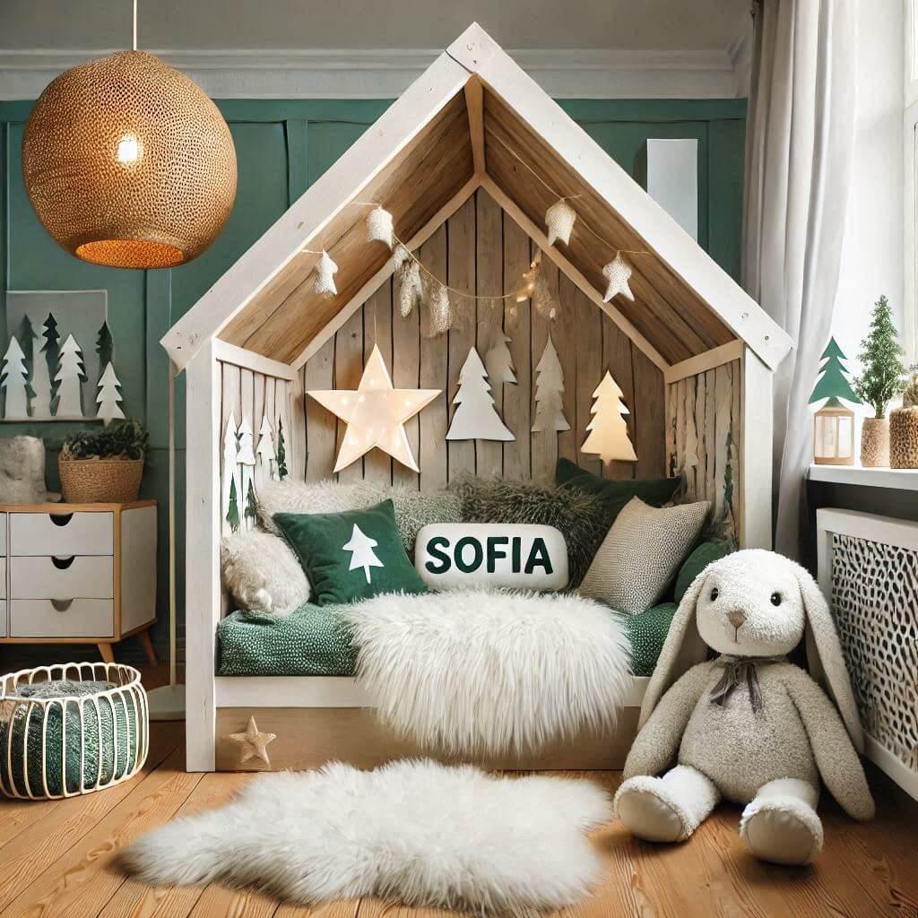 Chambre enfant theme foret avec lit cabane en forme de maison avec tapis fourure et des coussins etoiles tapis fourure peluche lapin blanc lampe en rotin allume meuble cube couleur