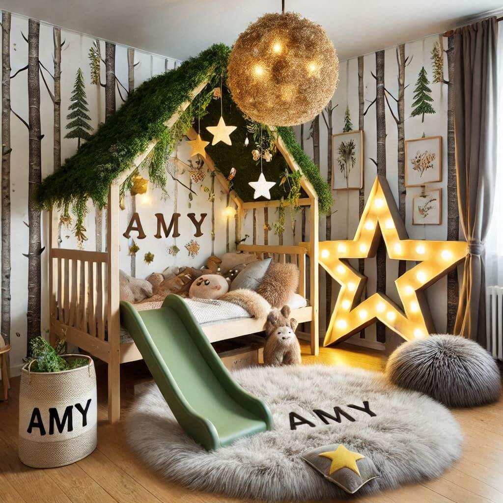 Chambre enfant theme foret avec lit cabane tobogan avec le prenom amy avec tapis fourure et des coussins etoiles lampe arbre