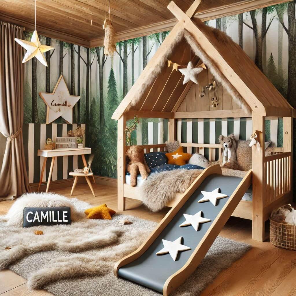 Chambre enfant theme foret avec lit cabane tobogan avec le prenom camille