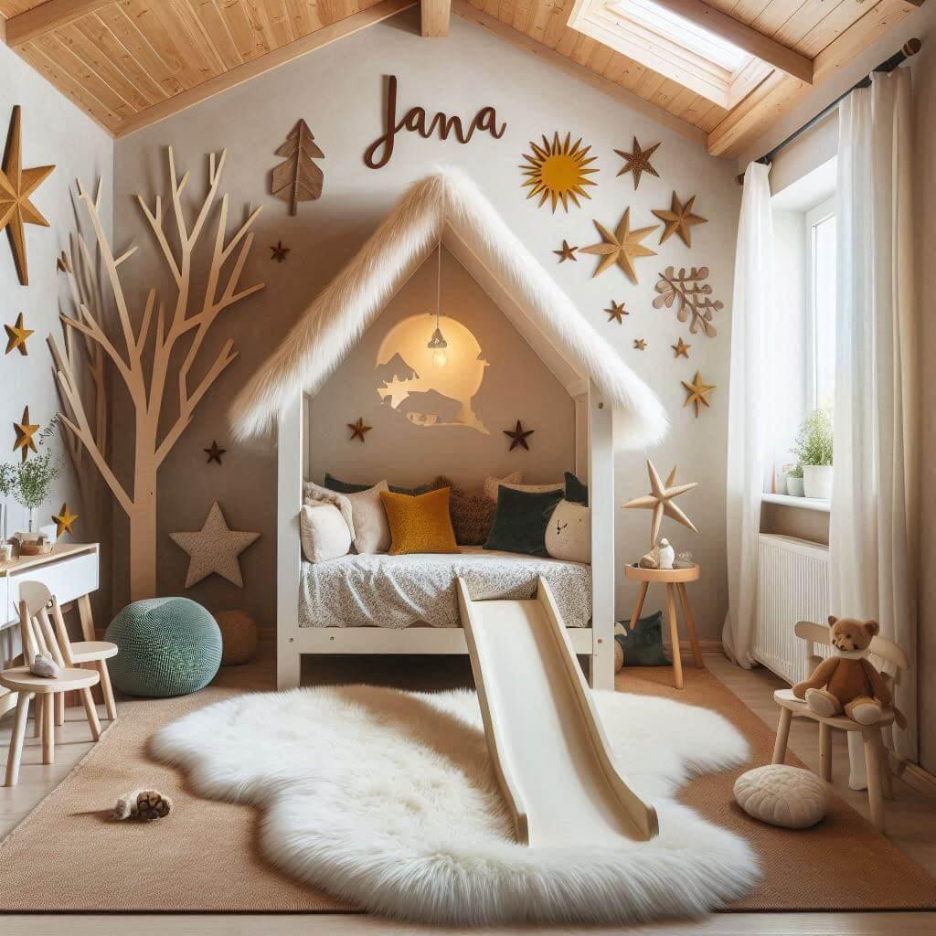 Chambre enfant theme foret avec lit cabane tobogan avec le prenom jana avec tapis fourure et des cou