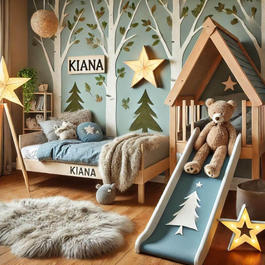 Chambre enfant theme foret avec lit cabane tobogan avec le prenom kiana avec tapis fourure et des coussins etoiles lampe arbre