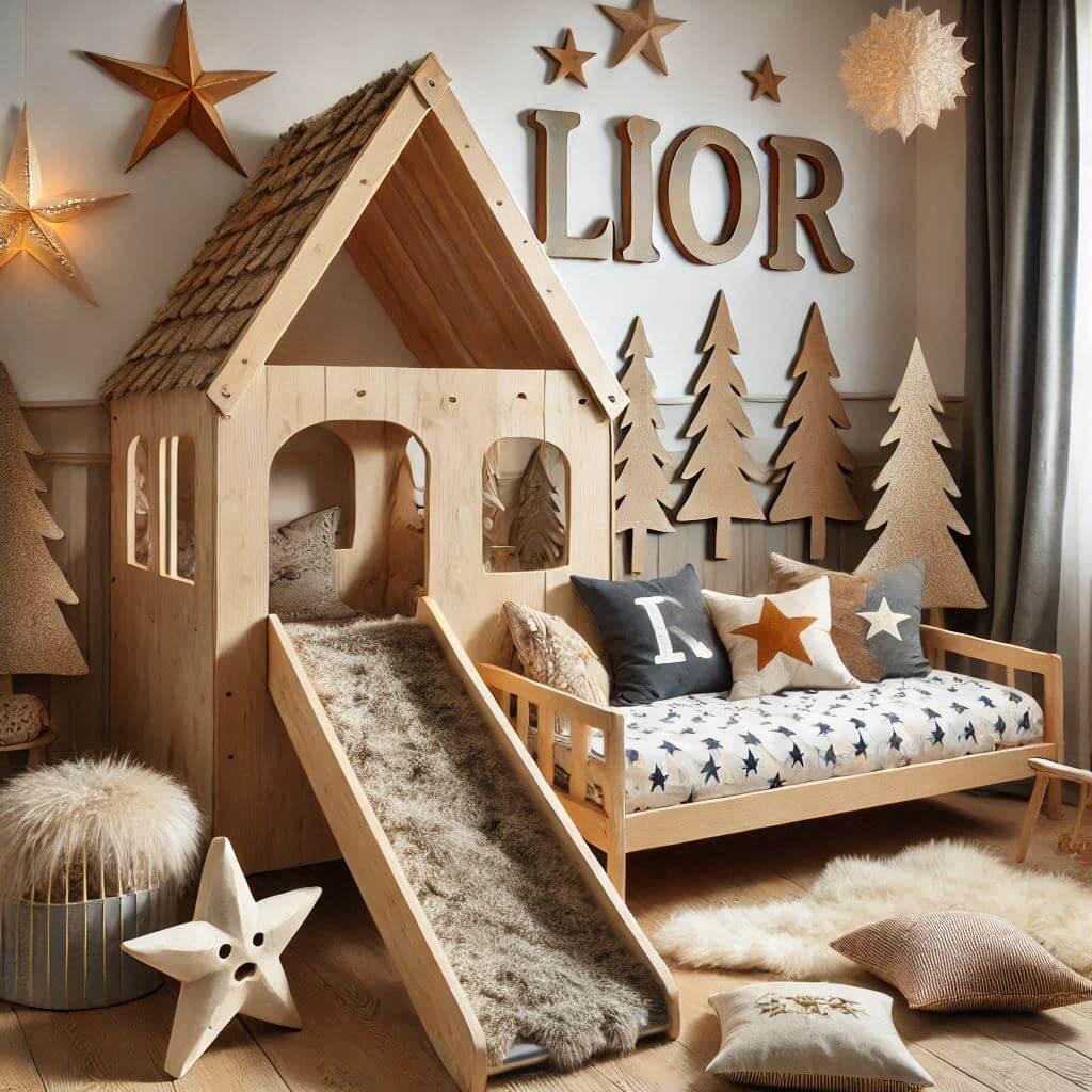 Chambre enfant theme foret avec lit cabane tobogan avec le prenom lior ecrit en francais lior dans la decoration avec tapis fourure et des coussins etoiles 1