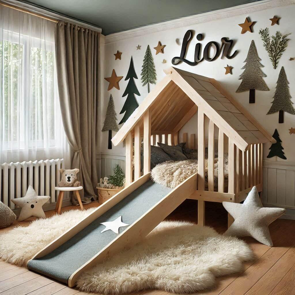 Chambre enfant theme foret avec lit cabane tobogan avec le prenom lior ecrit en francais lior dans la decoration avec tapis fourure et des coussins etoiles