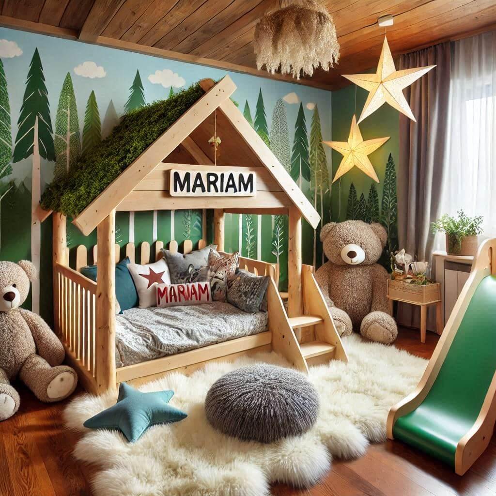 Chambre enfant theme foret avec lit cabane tobogan avec le prenom mariam avec tapis fourure et des coussins etoiles