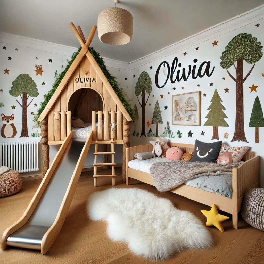 Chambre enfant theme foret avec lit cabane tobogan avec le prenom olivia avec tapis fourure et des coussins etoiles 1