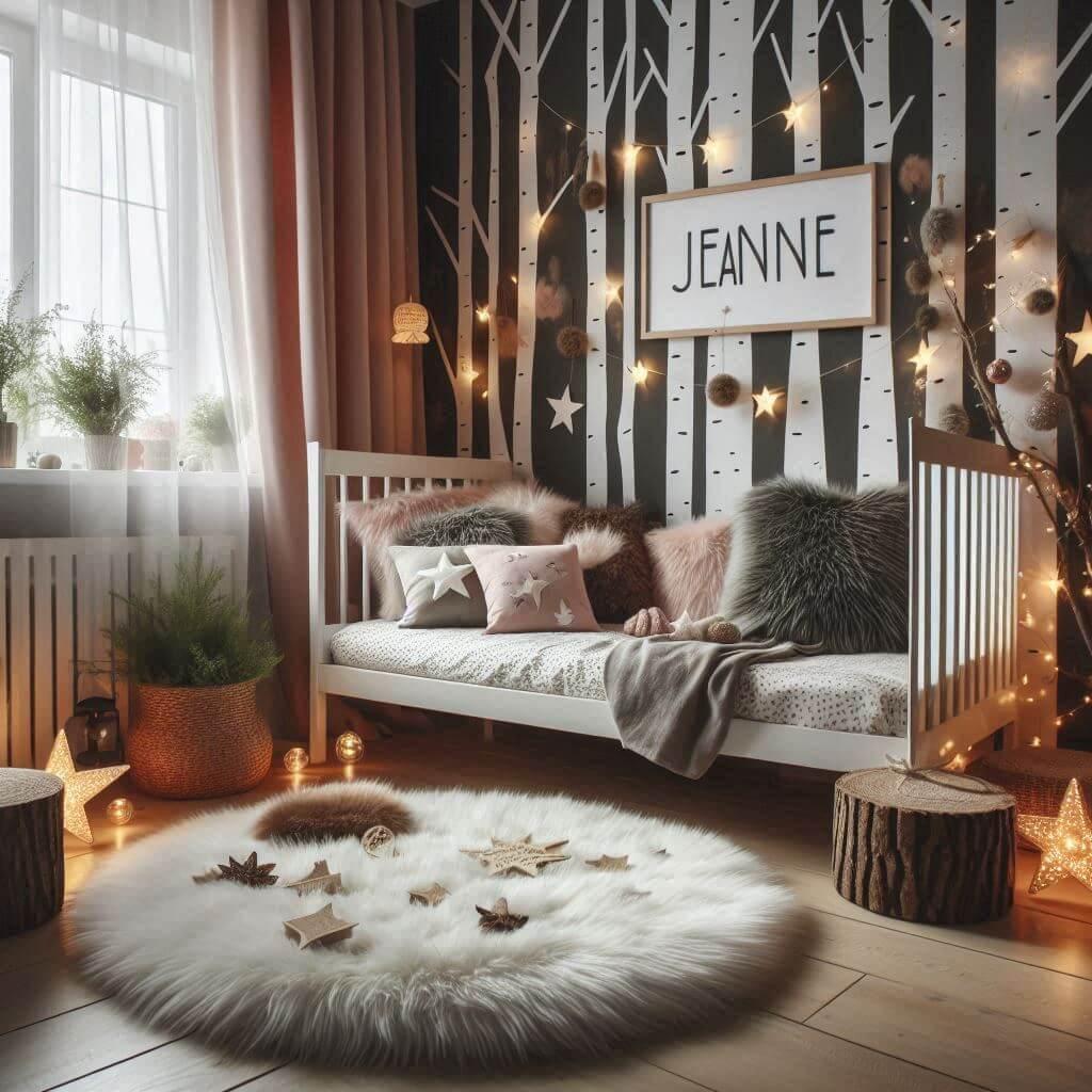 Chambre enfant theme foret avec lit simple avec tapis fourure et des coussins etoiles prenom jeanne ecrit sur le coussin guirlande lumineuse vue de zoom 1