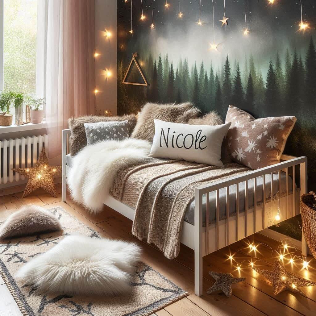 Chambre enfant theme foret avec lit simple avec tapis fourure et des coussins etoiles prenom nicole ecrit sur le coussin guirlande lumineuse vue de zoom 1