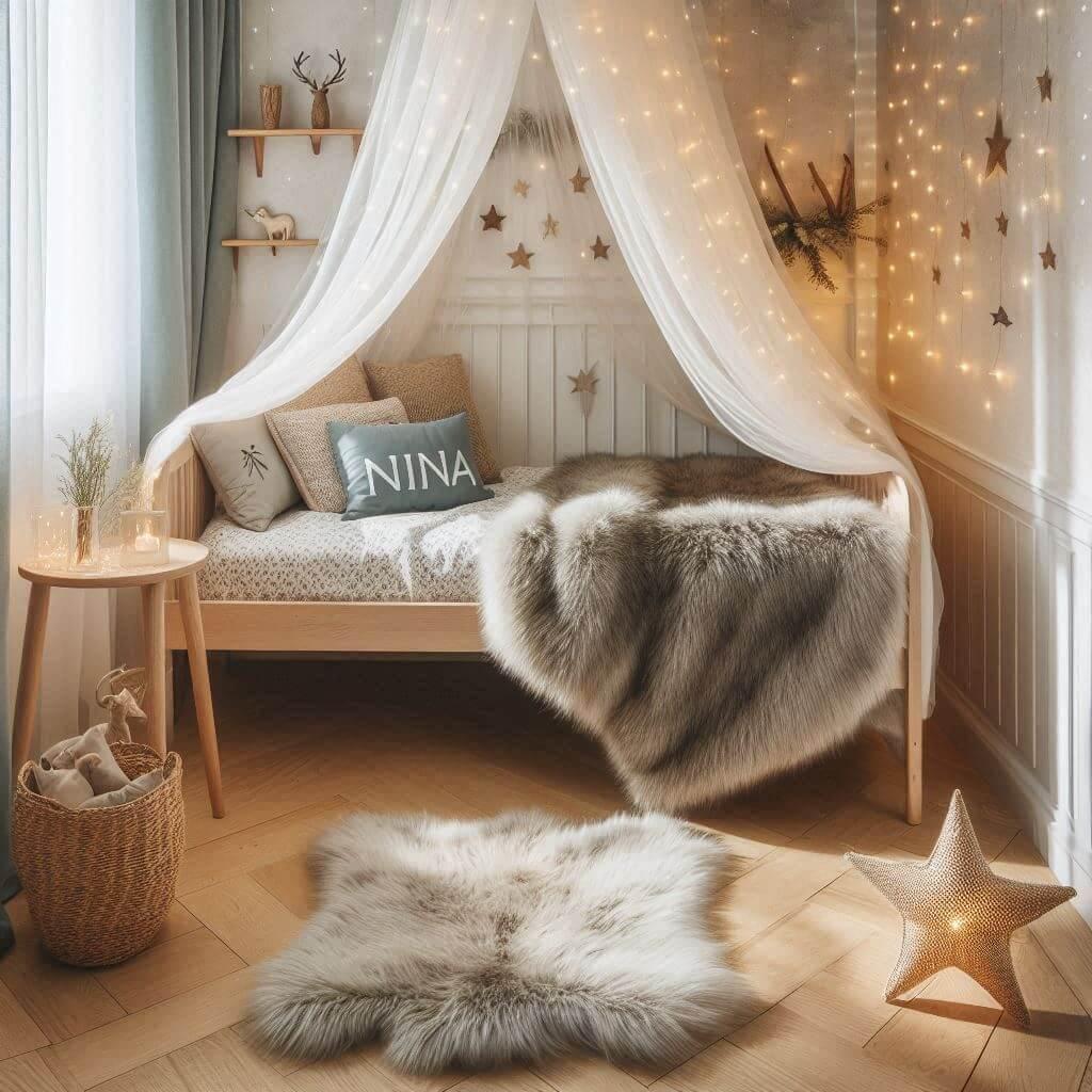 Chambre enfant theme foret avec lit simple avec tapis fourure et des coussins etoiles prenom nina ecrit sur le coussin guirlande lumineuse vue de zoom 1 1