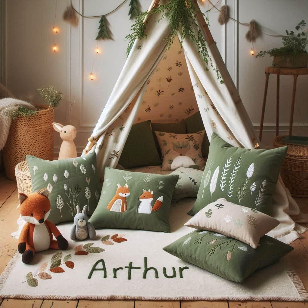 chambre enfant forêt avec tipi, coussins animaux et déco naturelle verte et marron.