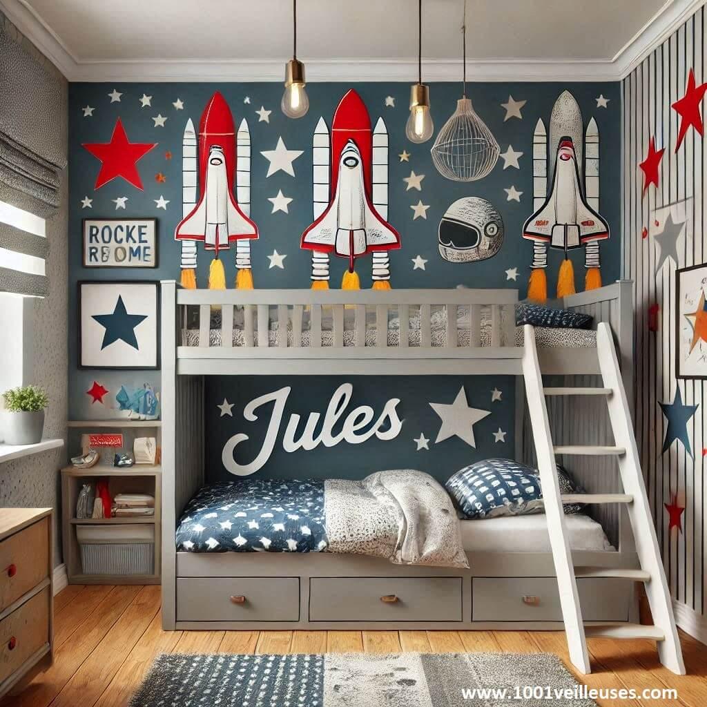 Chambre enfant theme fusee avec lit cabane prenom jules