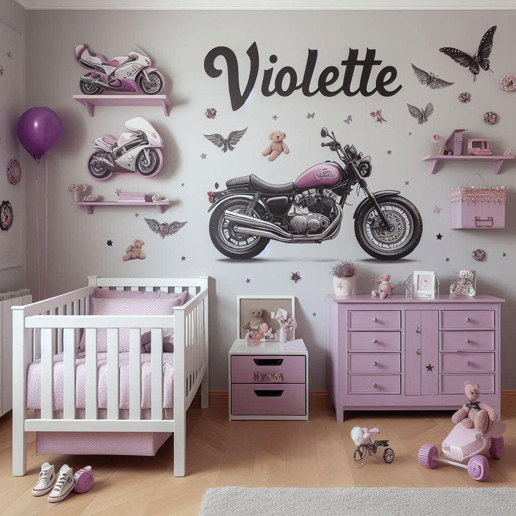 genere une image avec une chambre de petite fille sur le theme moto, et il y a son prénom VIOLETTE écrit en décoration sur le mur