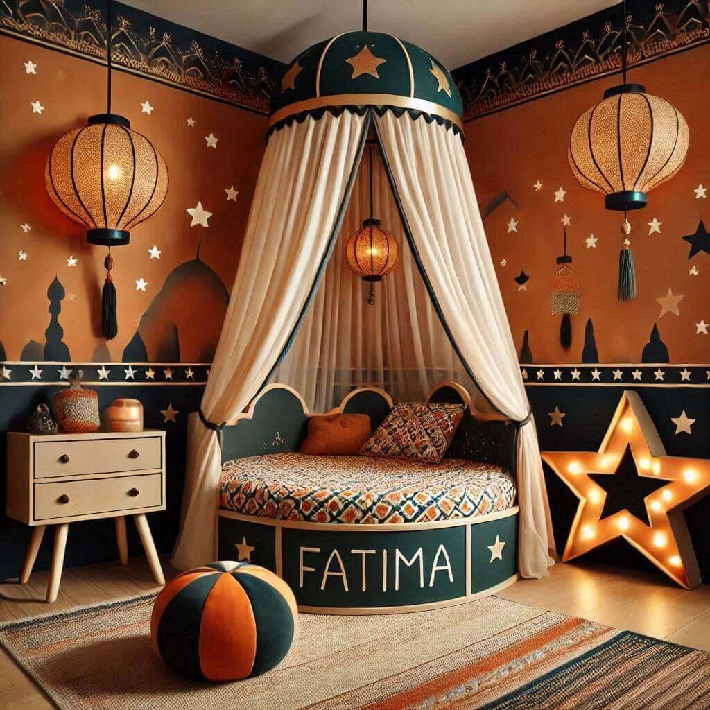 belle chambre enfant theme oriental avec voilage, prénom fatima