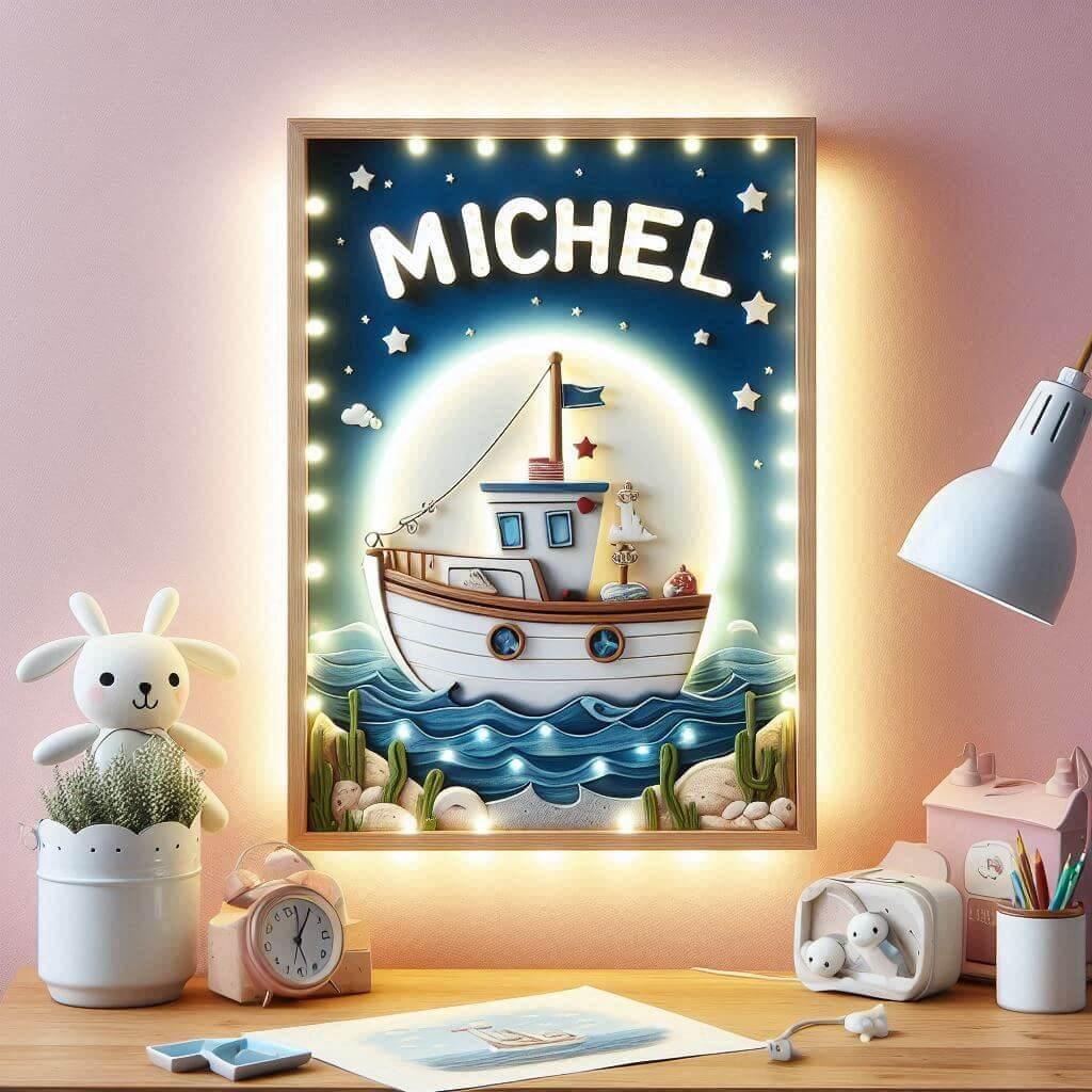 Chambre enfant theme petit bateau prenom michel lumiere traversante accessoires personnalises au theme 1 1