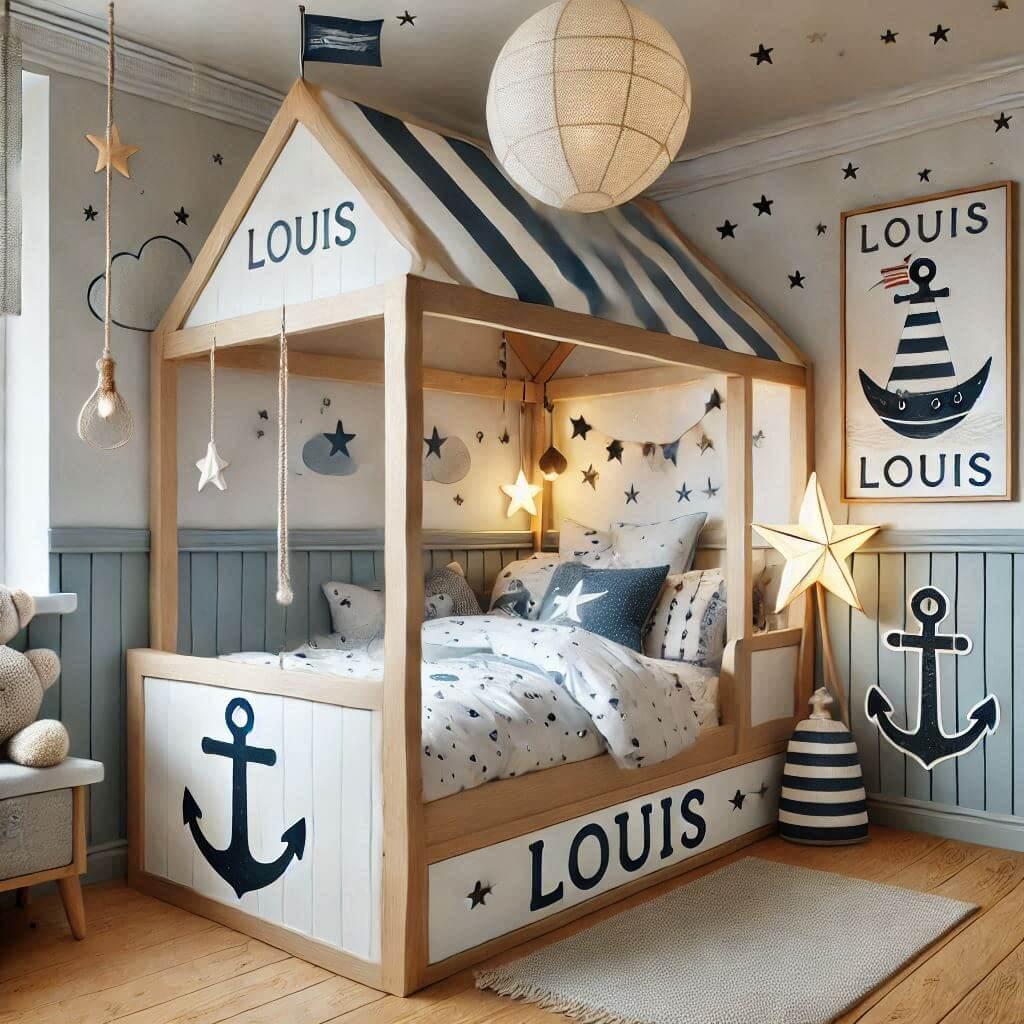 Chambre enfant theme petit marin avec lit cabane prenom louis