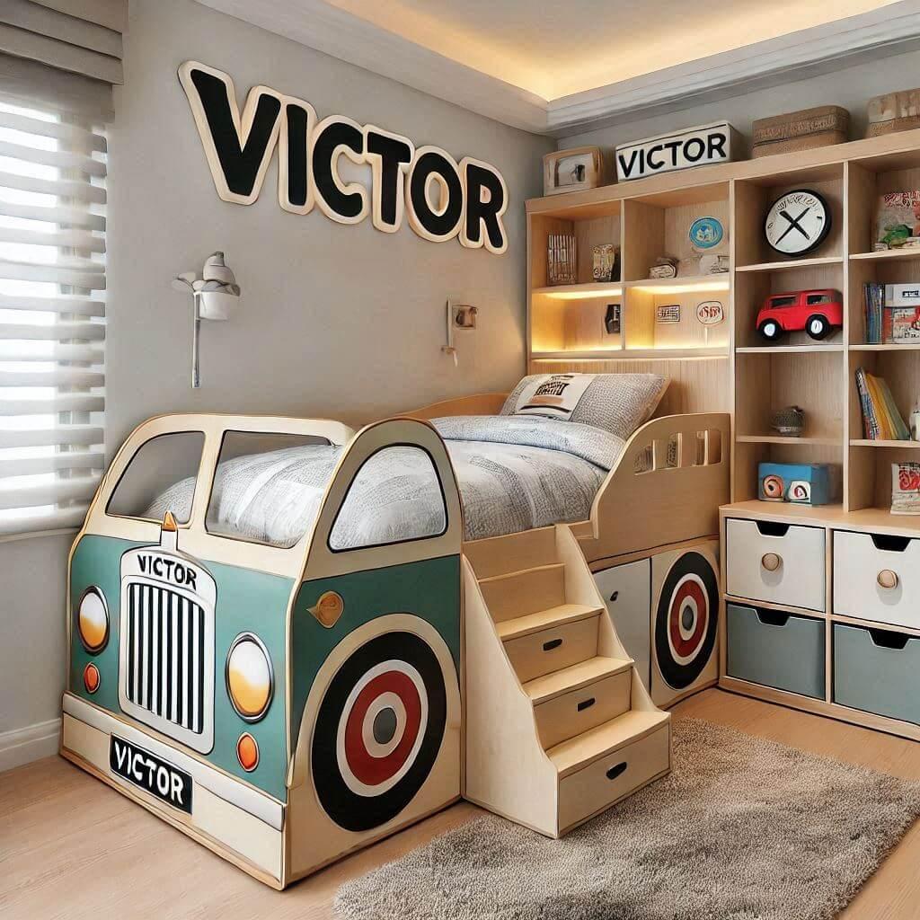 Chambre enfant theme voiture avec lit cabane avec tiroirs prenom victor