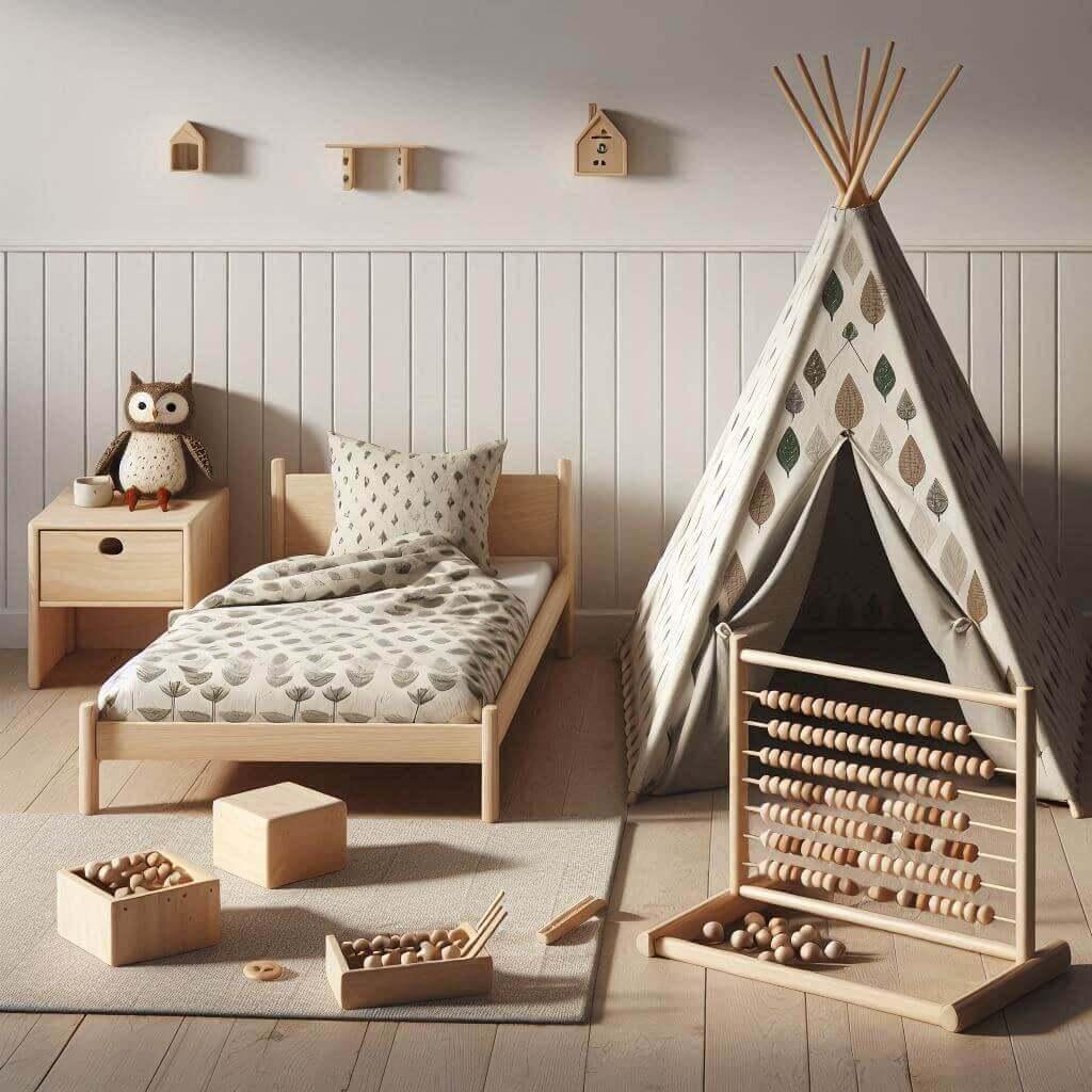 Chambre montessori dans les tons pastels et neutres avec tipi