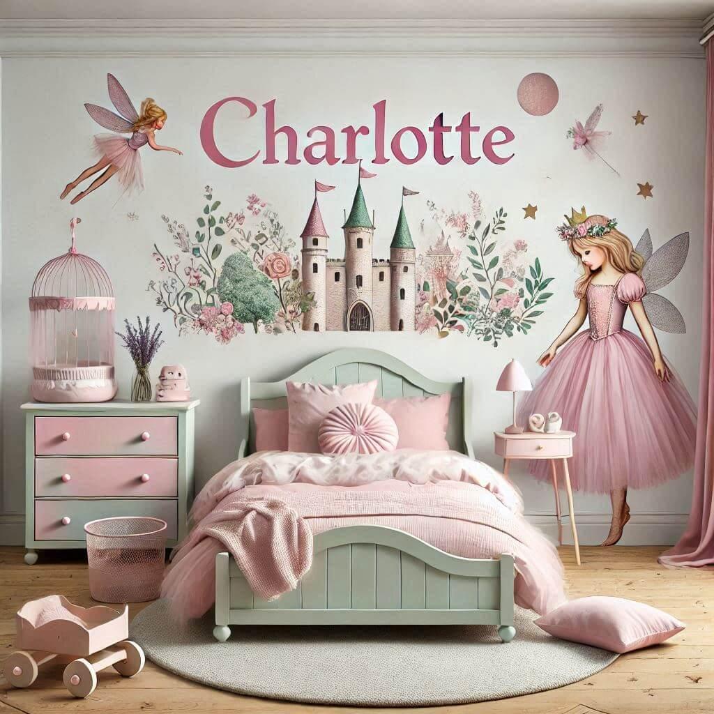 Child bedroom decoration personalized with the name charlotte fairy tales and legends theme color palette soft pastels powdered pink lavender mint green 1