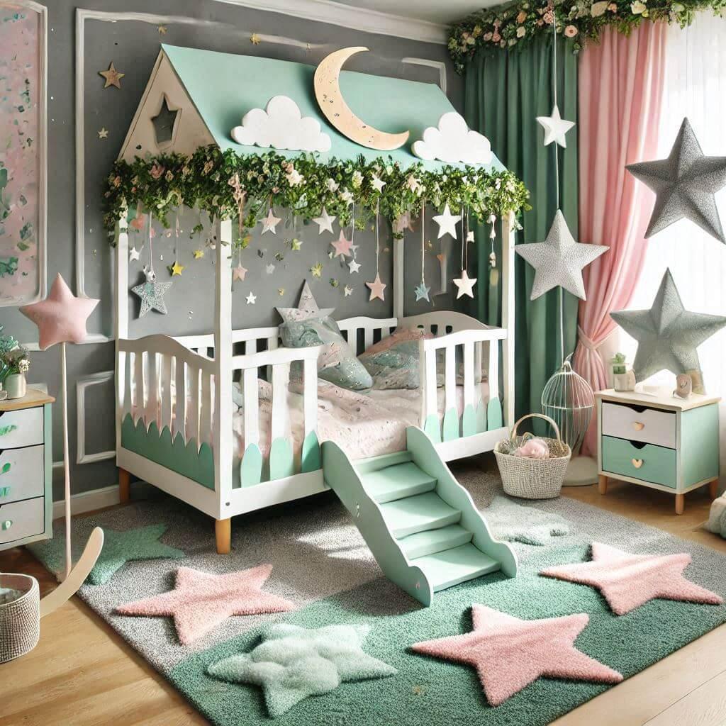 Child bedroom decoration theme fairy tale and legend with a cabin bed named lou in water green gray pastel pink and white colors with stars clouds and ivy carpet 1